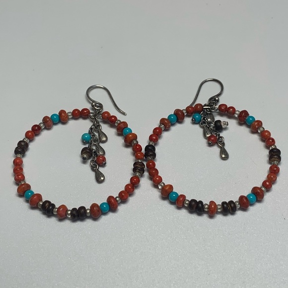 Silpada Rare Sterling Silver Coral, Turquoise, Wood, Shell Bead Hoop Earrings - Picture 6 of 16